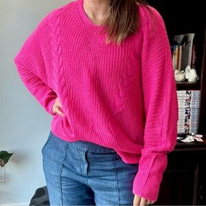 FREE FCT with Love Bright Pink Crop Cable Knit Sweater